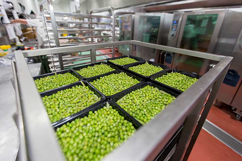 Peas being cooked at Wesley Dining Services