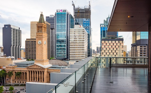 View of Brisbane city from deck of Wesley House