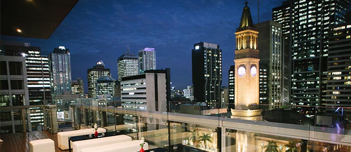 Brisbane CBD night view from the balcony of a Wesley House venue