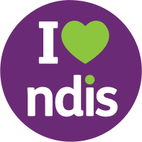 Purple circle with the text 'I love NDIS'. A green heart is used instead of the word 'love'.