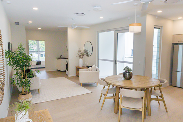 Integrated living and kitchen at NDIS specialist disability accommodation in Murrarie, South Brisbane