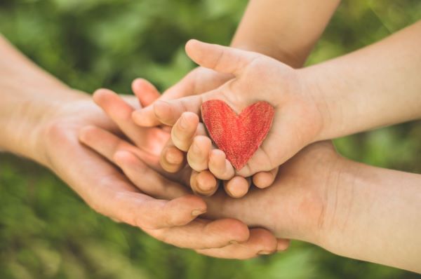 Four hands holding a red paper heart