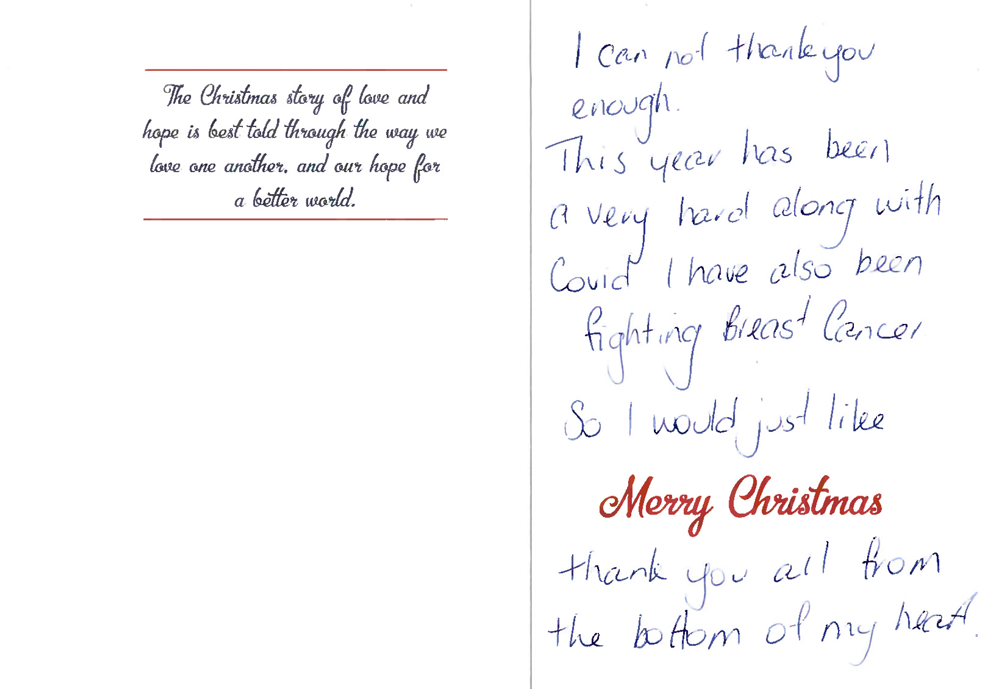 thank you card from red bag recipient