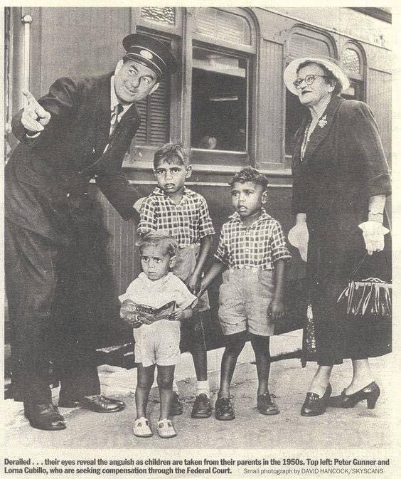 Newspaper image of stolen kids in 1950. Their eyes reveals the anguish as children are taken from their parents.