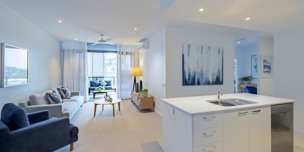 A stunning view of an apartment Kitchen and living room at Rosemount
