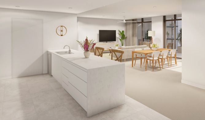 White contemporary kitchen with view to dining an lounge areas