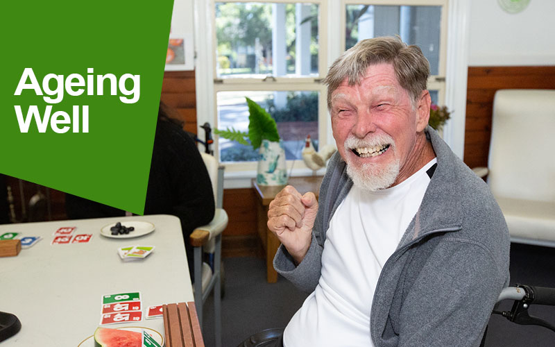 Big smile from a resident from Hyland House Respite Centre shows what ageing well means at Wesley Mission Queensland.