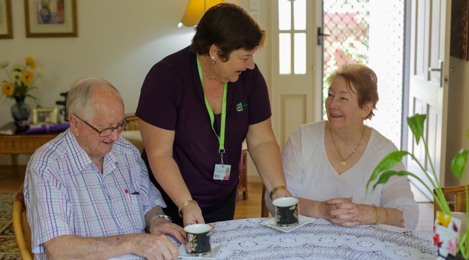 Care worker helping elderly couple