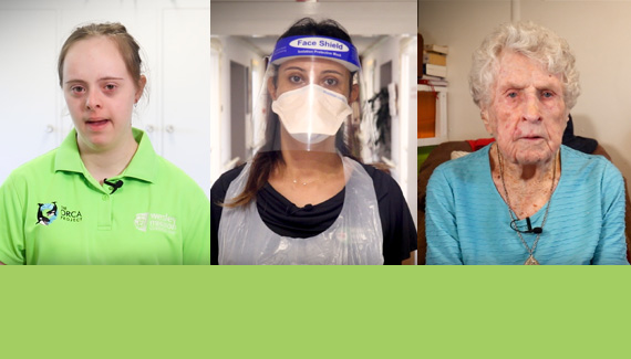 Three woman pictures. One wearing a green polo shot, one in personal protective equipment and an elderly woman
